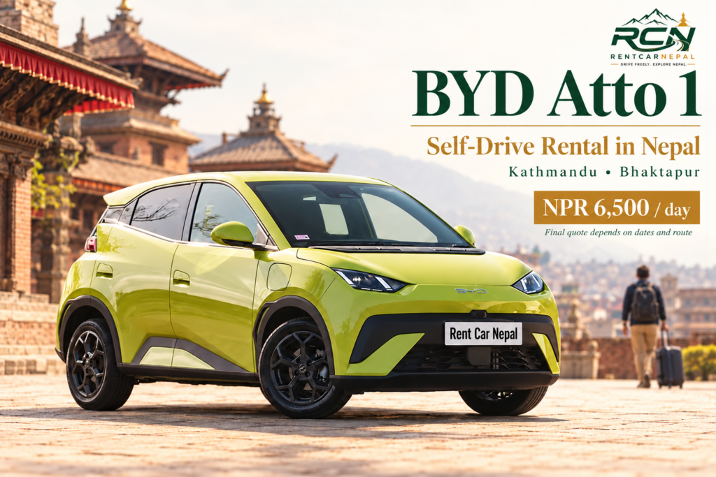 BYD Atto 1 rental promotional banner for Rent Car Nepal