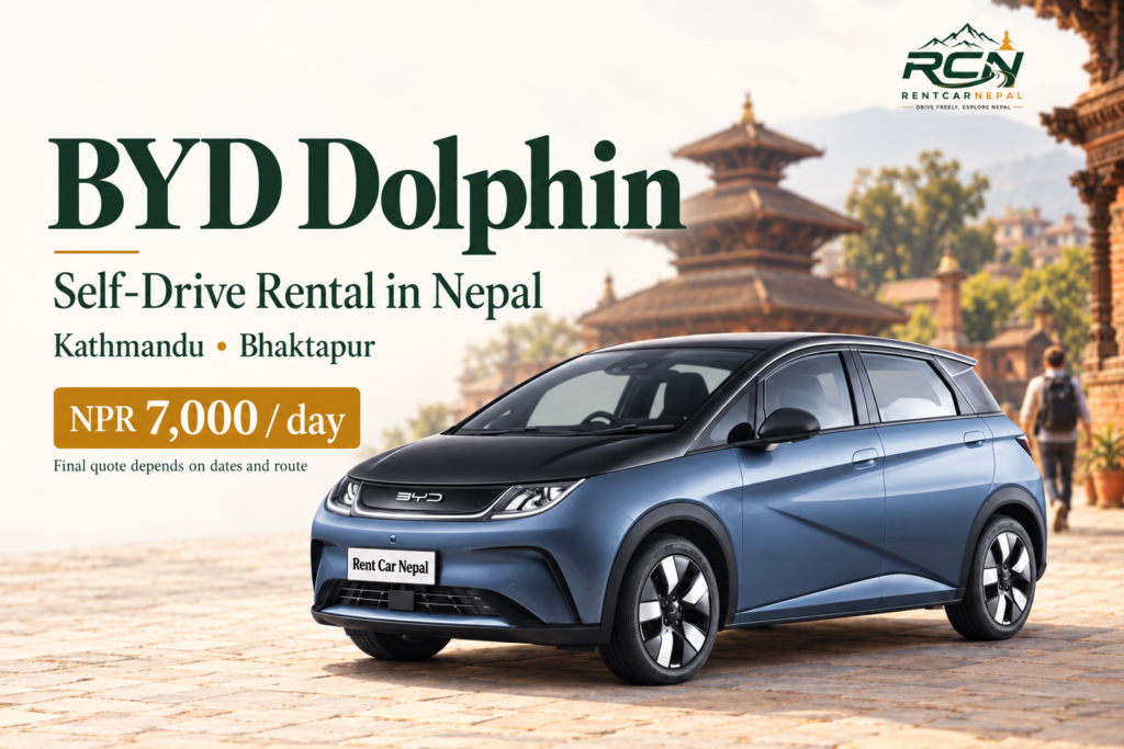 BYD Dolphin rental promotional banner for Rent Car Nepal