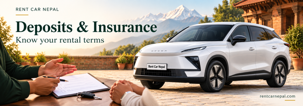 Customers reviewing rental terms beside an Omoda E5, illustrating deposits and insurance.