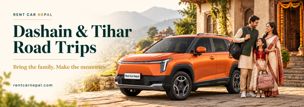 Family beside a Nammi Vigo in a festive setting for Dashain and Tihar road trips.