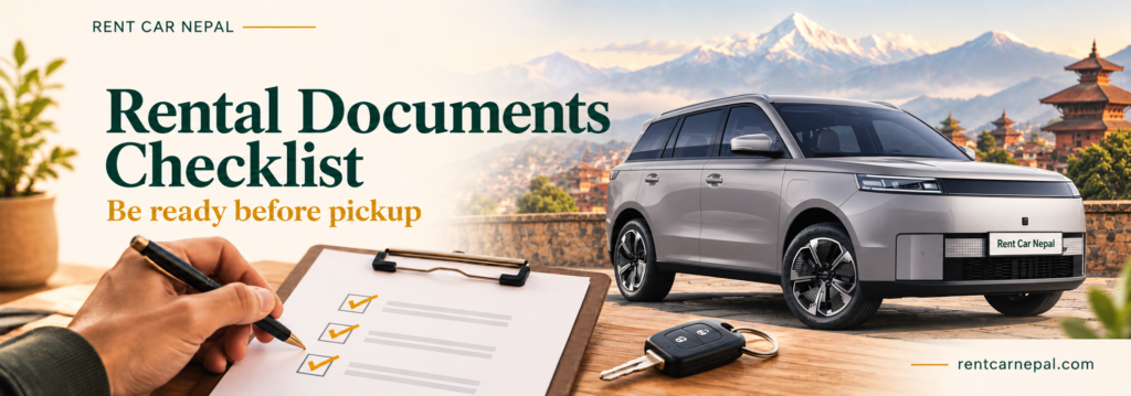 Rental documents checklist beside a Jaecoo J5 with a Rent Car Nepal plate.