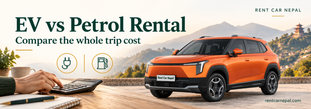 Nammi Vigo beside a calculator and charging and petrol icons for rental cost comparison.