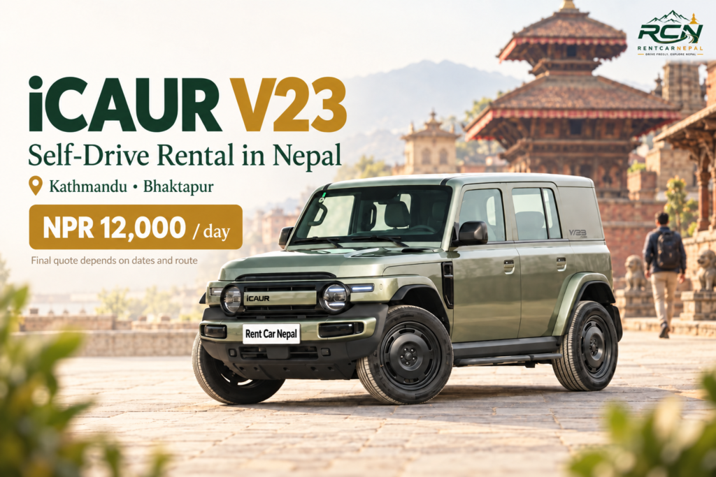 iCAUR V23 rental promotional banner for Rent Car Nepal