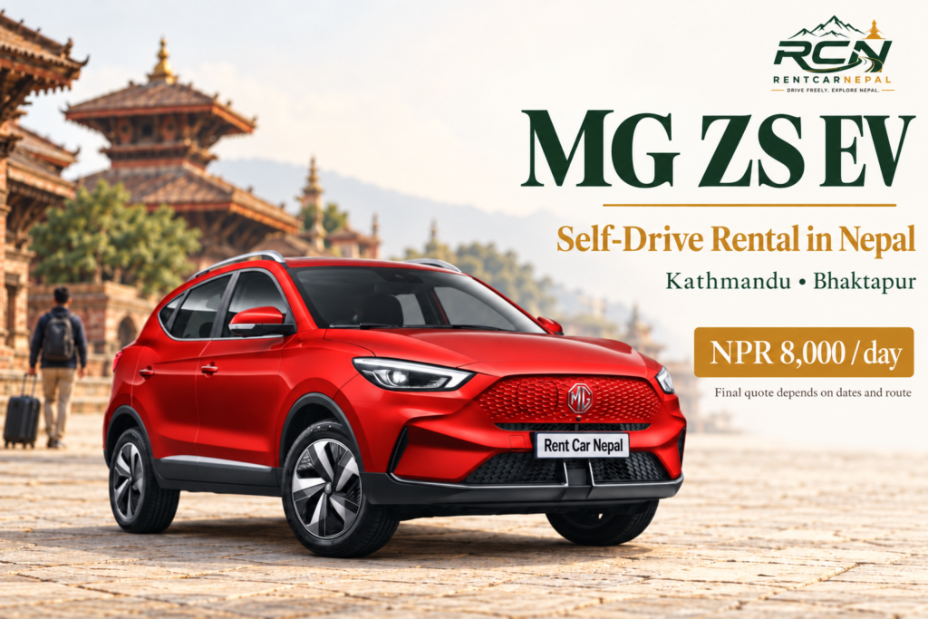 MG ZS EV rental promotional banner for Rent Car Nepal