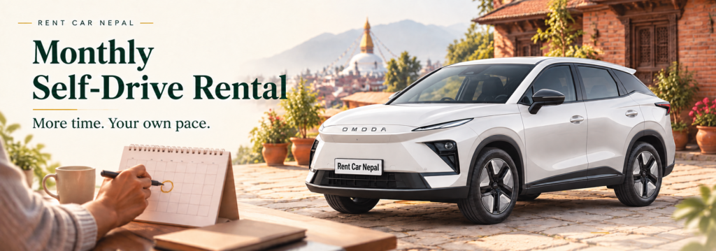 White Omoda E5 beside a monthly calendar for long-term self-drive rental in Kathmandu.