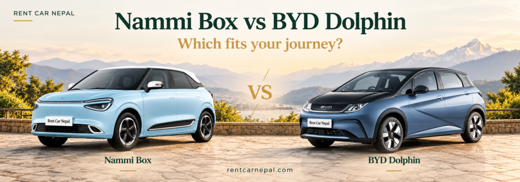 Nammi Box and BYD Dolphin side by side with Rent Car Nepal number plates.