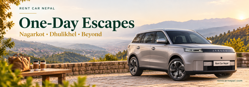 Jaecoo J5 at a hillside viewpoint for one-day self-drive trips from Kathmandu.