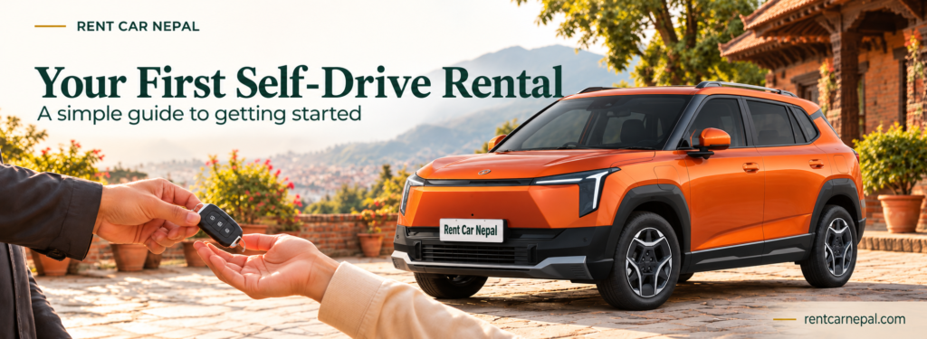 Car-key handover beside a Nammi Vigo for a first self-drive rental in Nepal.