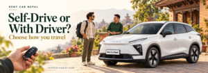 Omoda E5 beside a traveller and driver, illustrating self-drive and driver rental options.